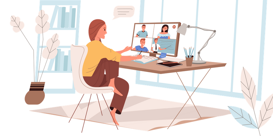 Mädchen besucht Online-Unterricht  Illustration