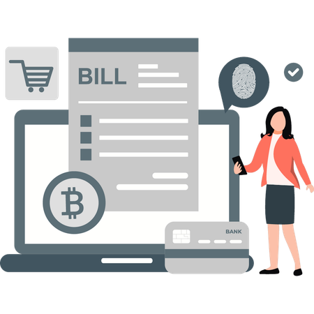 Mädchen bezahlt Rechnung mit Bitcoin  Illustration