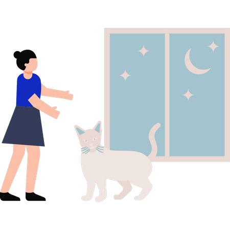 Mädchen bittet Katze zu kommen  Illustration