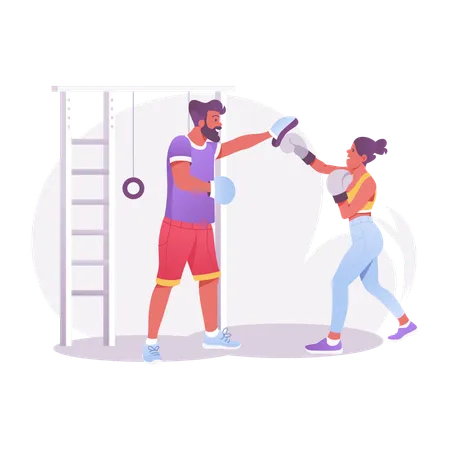 Mädchen beim Boxen mit Boxtrainer  Illustration