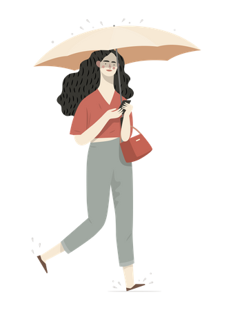 Mädchen chattet am Telefon, während sie Regenschirm hält  Illustration