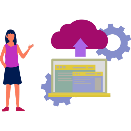 Mädchen das cloud datenmanagement einrichtet  Illustration