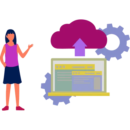 Mädchen das cloud datenmanagement einrichtet  Illustration