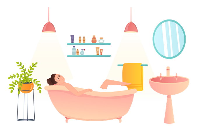 Mädchen entspannt sich beim Schlafen in der Badewanne  Illustration