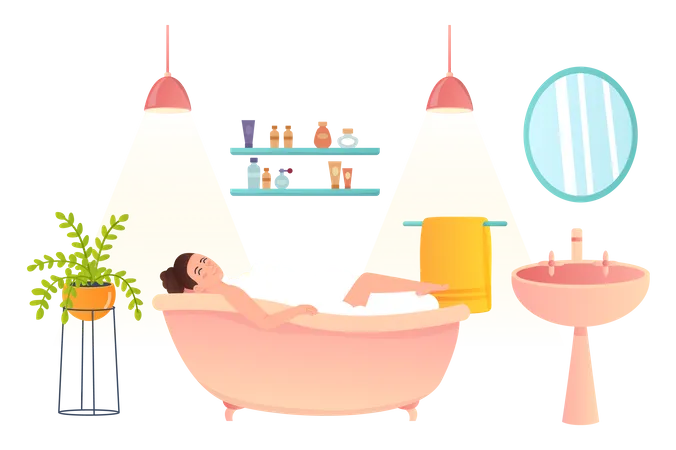 Mädchen entspannt sich beim Schlafen in der Badewanne  Illustration