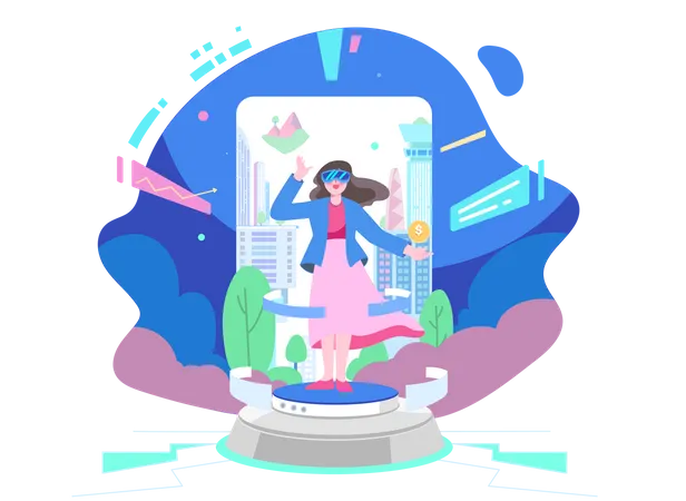 Mädchen erlebt moderne Metaverse-Welt  Illustration