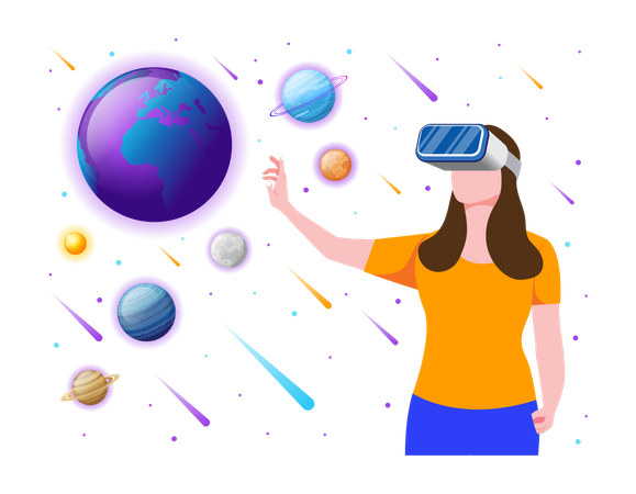 Mädchen erlebt Weltraumumgebung mithilfe von VR-Technologie  Illustration