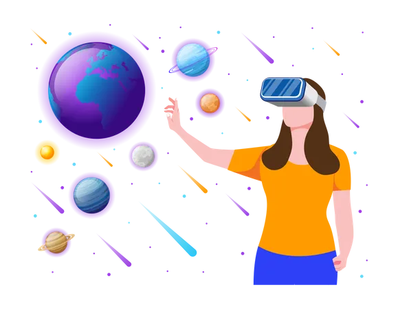 Mädchen erlebt Weltraumumgebung mithilfe von VR-Technologie  Illustration