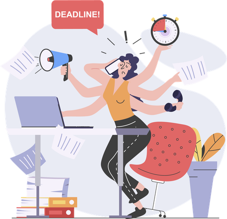 Mädchen erledigt Multitasking wegen Deadline  Illustration