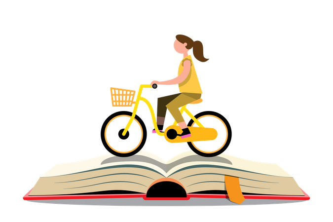 Mädchen fährt mit dem Fahrrad zur Schule  Illustration