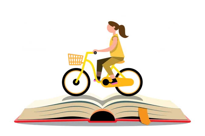 Mädchen fährt mit dem Fahrrad zur Schule  Illustration