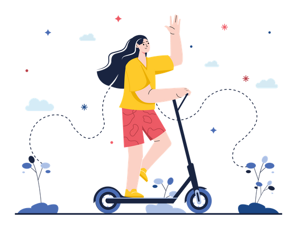 Mädchen fährt Roller draußen  Illustration