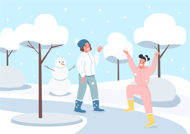 Mädchen freuen sich über Schneefall  Illustration