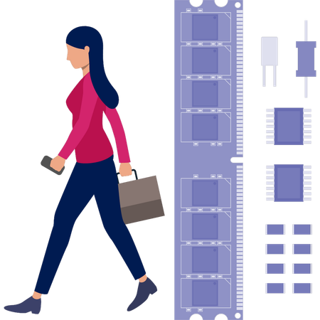 Mädchen geht auf Bildrolle zu  Illustration