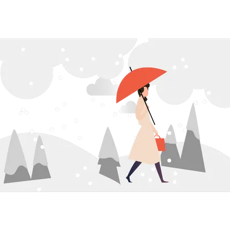 Mädchen geht mit Regenschirm im Schnee spazieren  Illustration