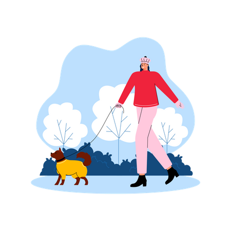 Mädchen geht im Winter mit ihrem Welpen draußen spazieren  Illustration