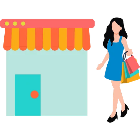 Mädchen zu Fuß mit Einkaufstüten  Illustration