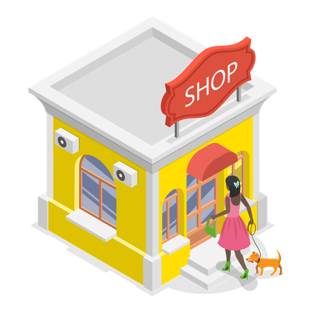 Mädchen geht mit Hund einkaufen  Illustration