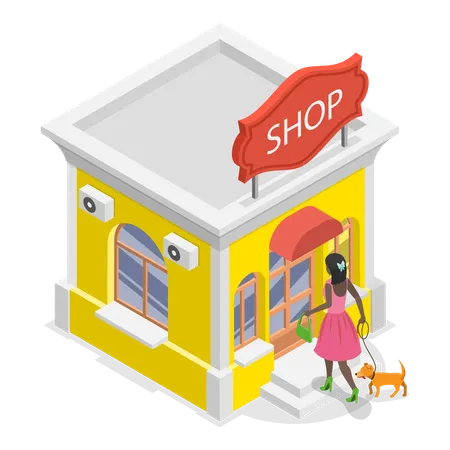 Mädchen geht mit Hund einkaufen  Illustration