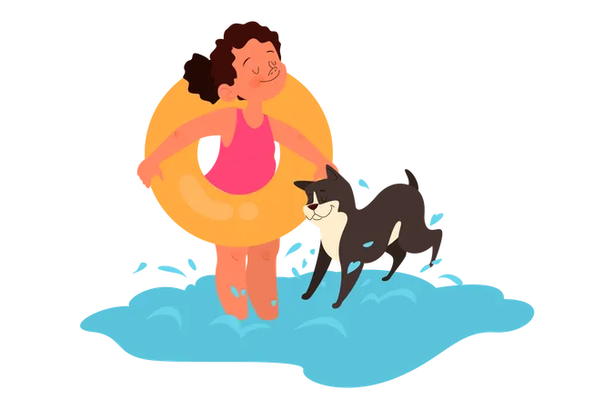 Mädchen geht mit Hund schwimmen  Illustration