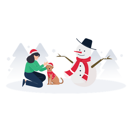 Mädchen genießt den Schnee mit ihrem Hund  Illustration