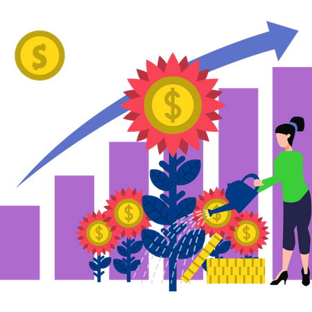 Mädchen gießt die Dollarpflanzen  Illustration