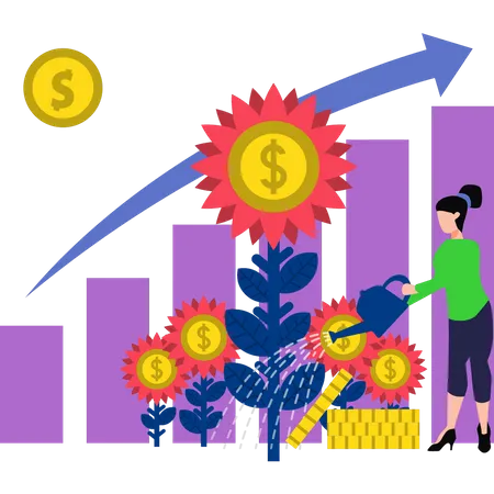 Mädchen gießt die Dollarpflanzen  Illustration