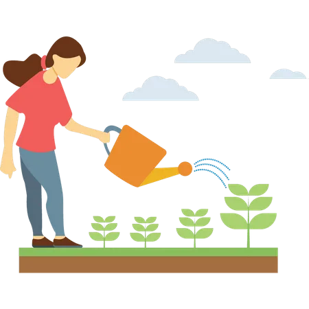 Mädchen gießt die Pflanzen  Illustration