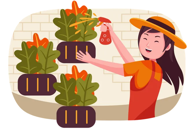 Mädchen gießt Pflanzen  Illustration