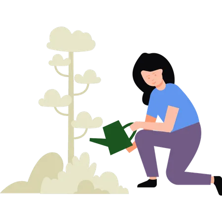 Mädchen gießt Pflanze  Illustration