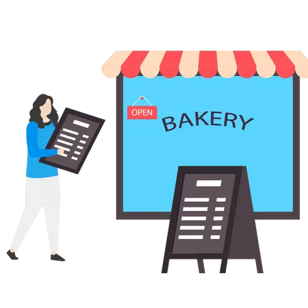 Mädchen hält eine Bäckerei-Speisekarte in der Hand  Illustration