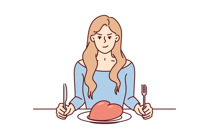 Mädchen mit Messer und Gabel auf Esstisch  Illustration
