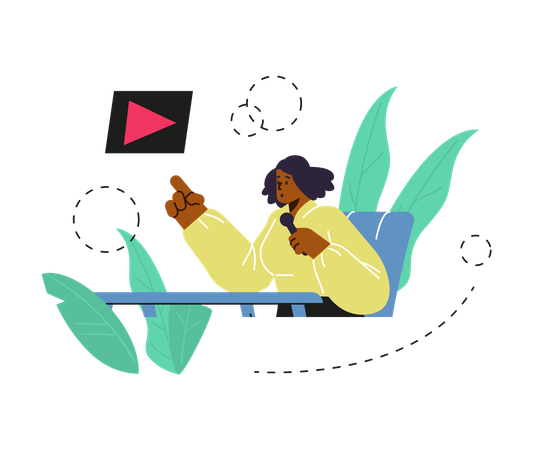 Mädchen hält Mikrofon und deutet auf Play-Taste Content-Erstellung und Videoproduktion  Illustration