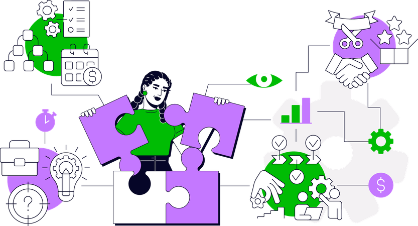 Mädchen hält Puzzle beim Lösen des Problems  Illustration
