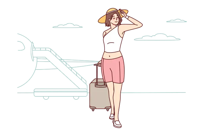 Mädchen hält Reisetasche und geht in den Sommerurlaub  Illustration