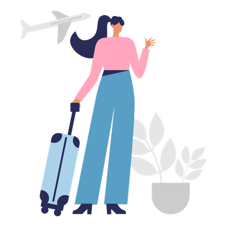 Mädchen hält Reisetasche während Flugzeug landet  Illustration