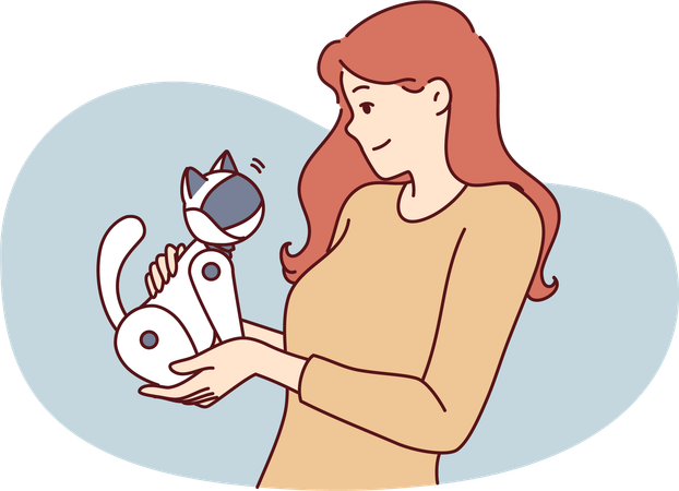 Mädchen hält Roboterkatze  Illustration