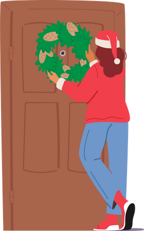 Mädchen hängt Kranz an der Haustür während der Weihnachtszeit  Illustration