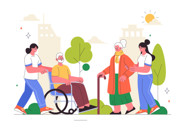Mädchen helfen älteren Menschen beim Gehen  Illustration