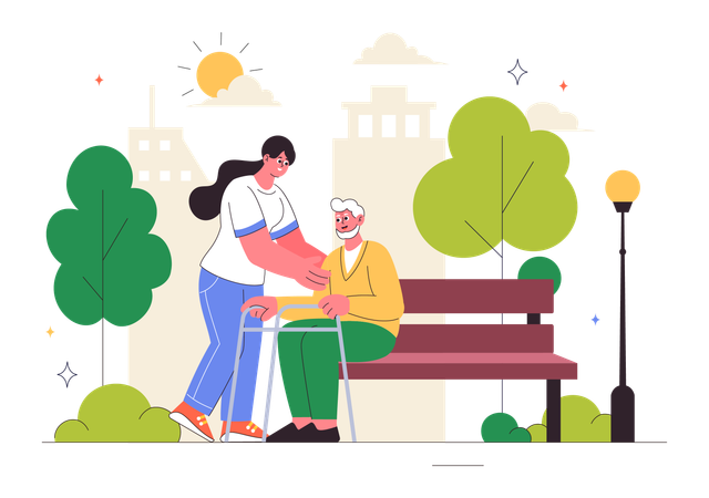 Mädchen hilft älterem Mann beim Gehen  Illustration
