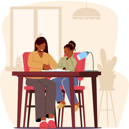 Mädchen hört Mutter zu, hilft Tochter bei den Hausaufgaben  Illustration
