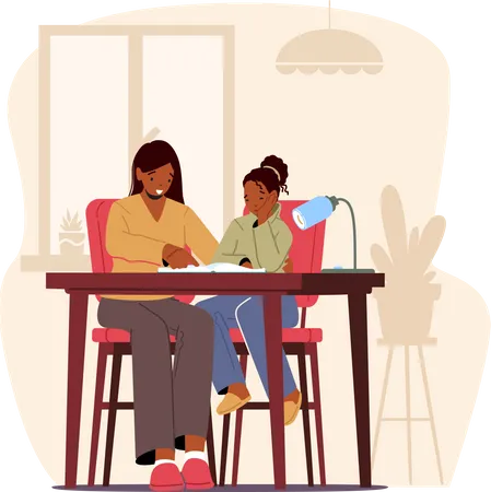Mädchen hört Mutter zu, hilft Tochter bei den Hausaufgaben  Illustration
