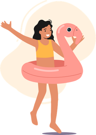 Mädchen im aufblasbaren Flamingoring geht schwimmen  Illustration