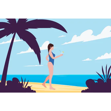 Mädchen im Bikini hat Spaß am Strand  Illustration