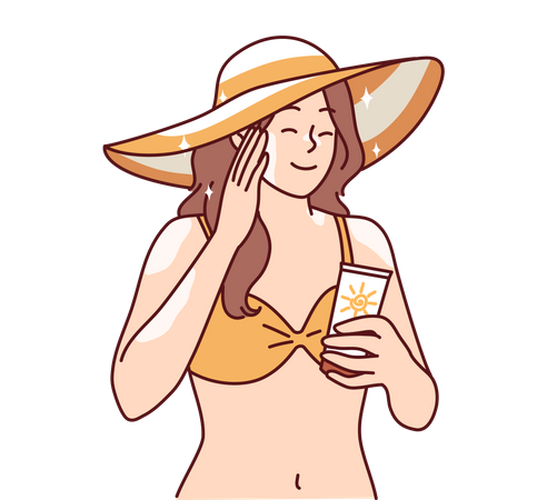 Mädchen im Bikini trägt Sonnencreme am Strand auf  Illustration