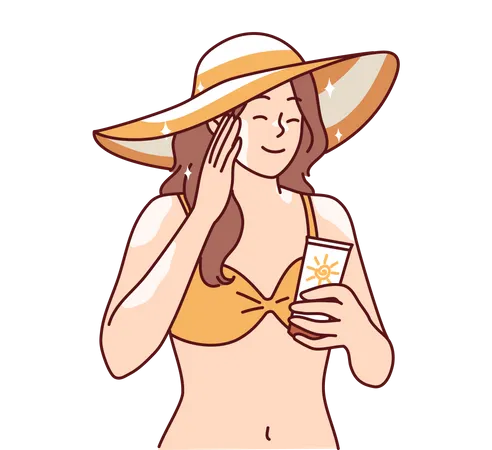 Mädchen im Bikini trägt Sonnencreme am Strand auf  Illustration