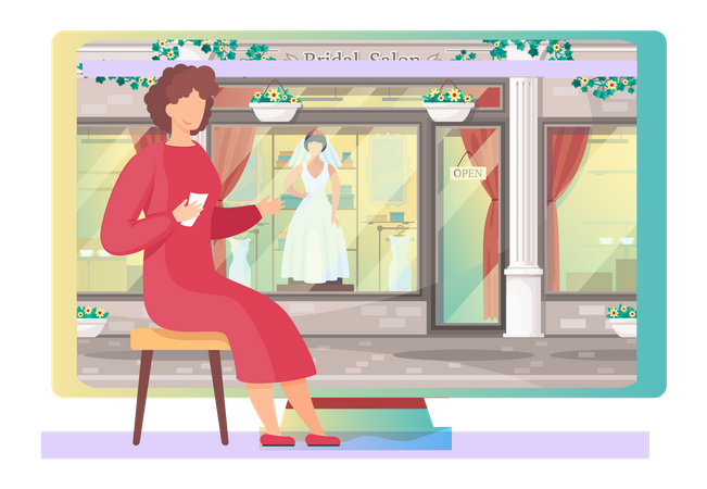 Mädchen im Ladengeschäft eines Brautsalons  Illustration