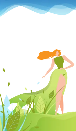 Mädchen im grünen Kleid spaziert im Park  Illustration