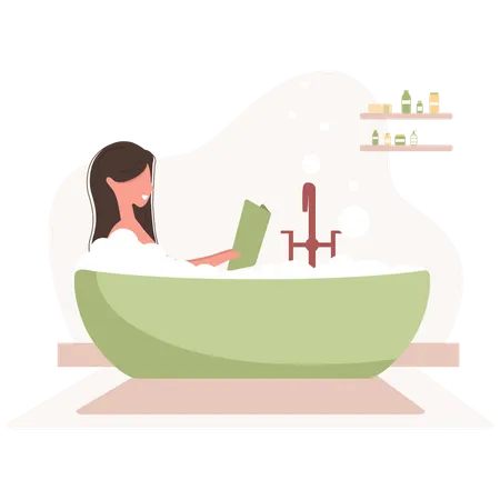 Mädchen in der Badewanne liest Buch  Illustration