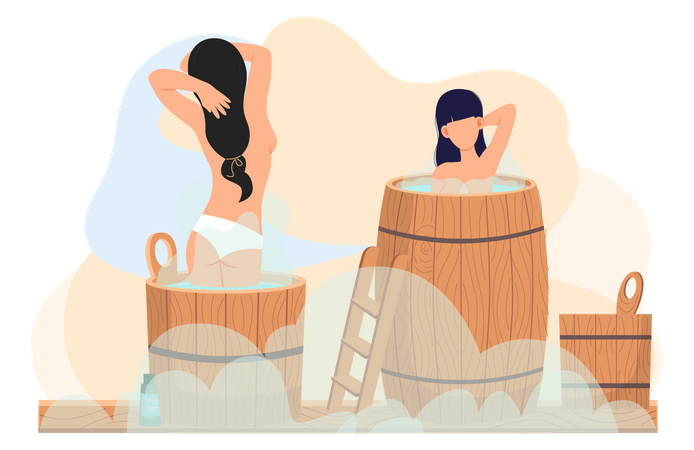 Mädchen in Fässern ruhen sich in der Sauna im heißen Dampf aus  Illustration